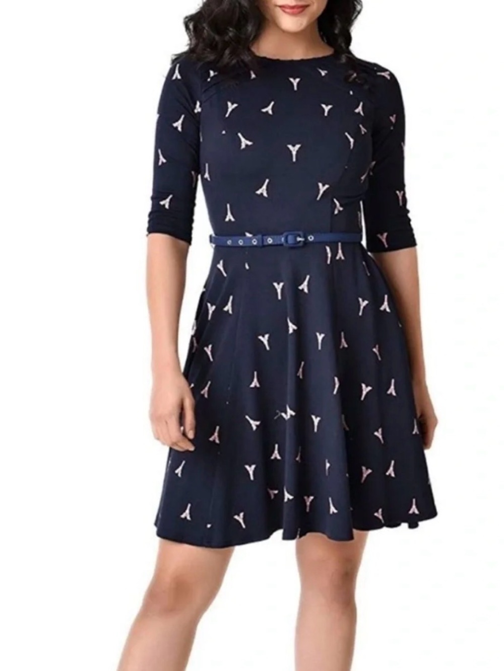 Unique Vintage Navy Dress with Pink Eiffel Print and Belt